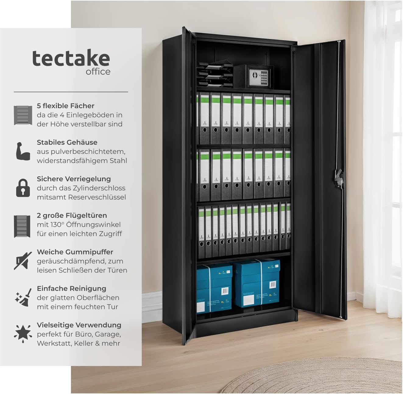 tectake® Aktenschrank, Büroschrank abschließbar, Mehrzweckschrank aus Stahl, Allzweckschrank mit 2 Türen, inkl. 3 höhenverstellbare Einlegeböden, Aktenschrank abschließbar 180x80x40 cm - schwarz