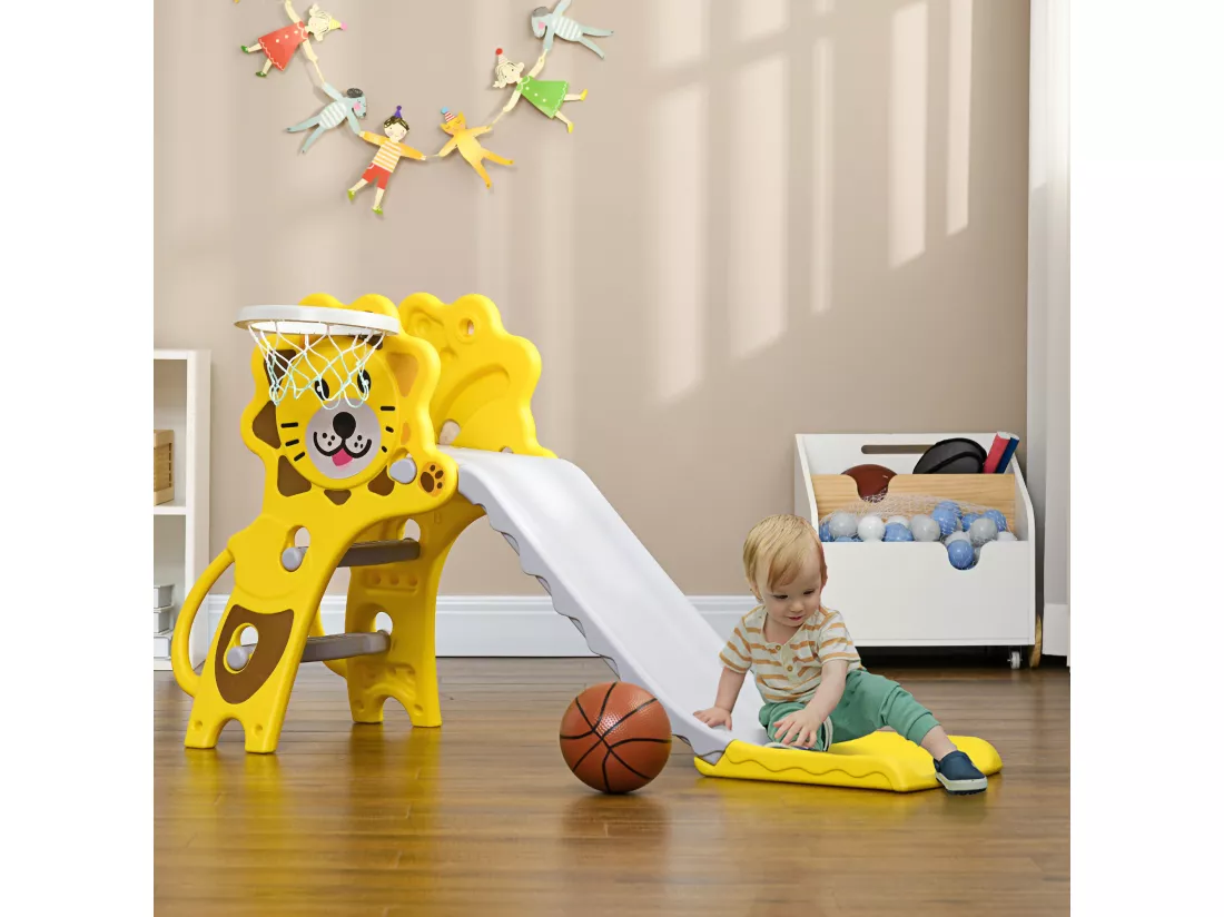 Toboggan enfant 18-36 mois - panier basket, ballon, pompe inclus - HDPE jaune gris