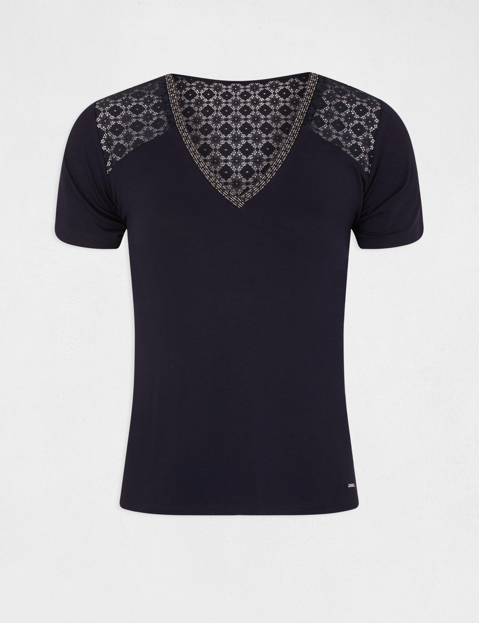 T-shirt manches courtes à dentelle marine femme - marine