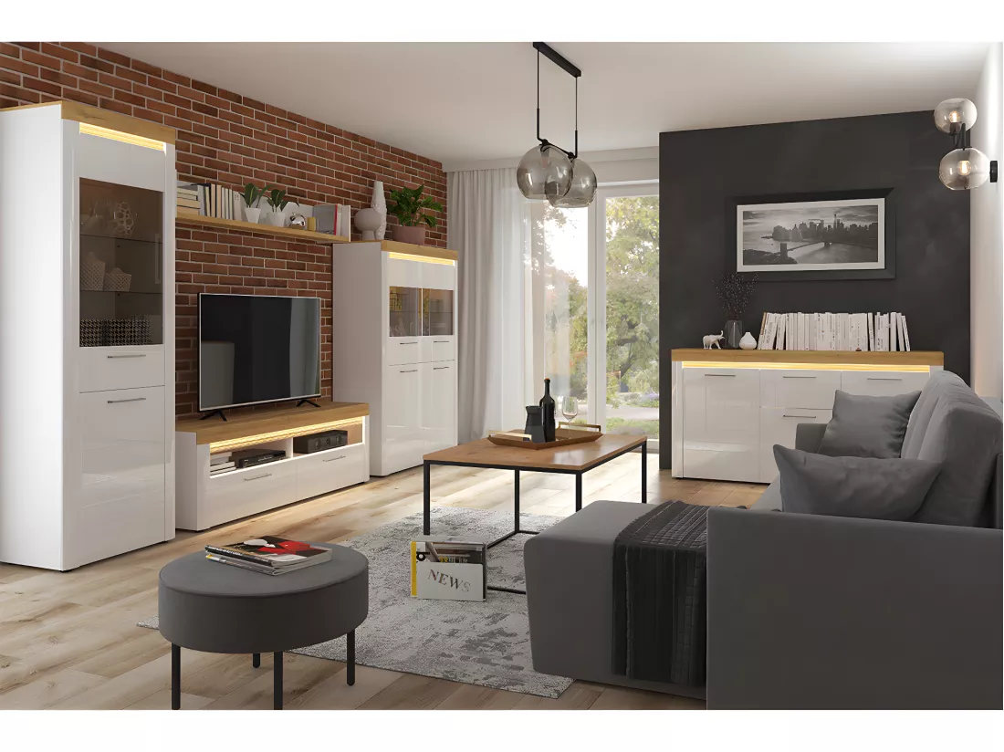 Vaisselier 4 portes avec LED Nara Blanc et Bois