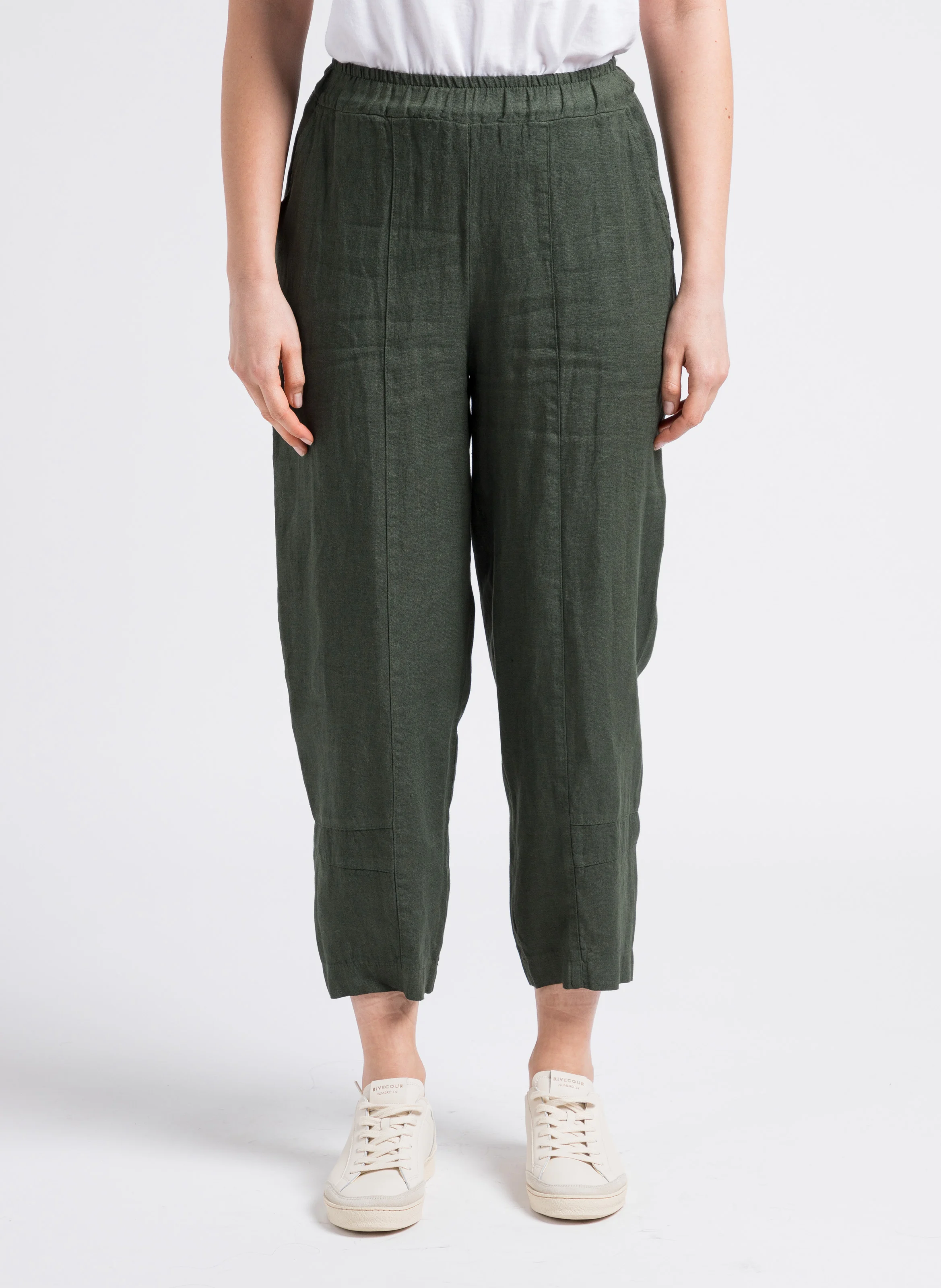 Pantalon droit 7/8ème taille mi-haute en lin | Vert