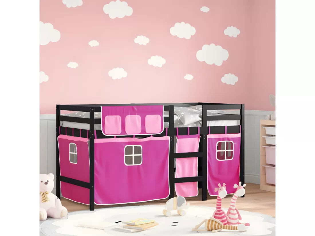 Lit mezzanine enfants et rideaux rose 90x200cm bois pin massif