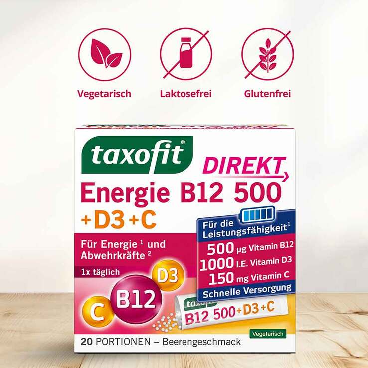 Taxofit Energie B12 500 + D3 + C Direkt Granulat, 20 St