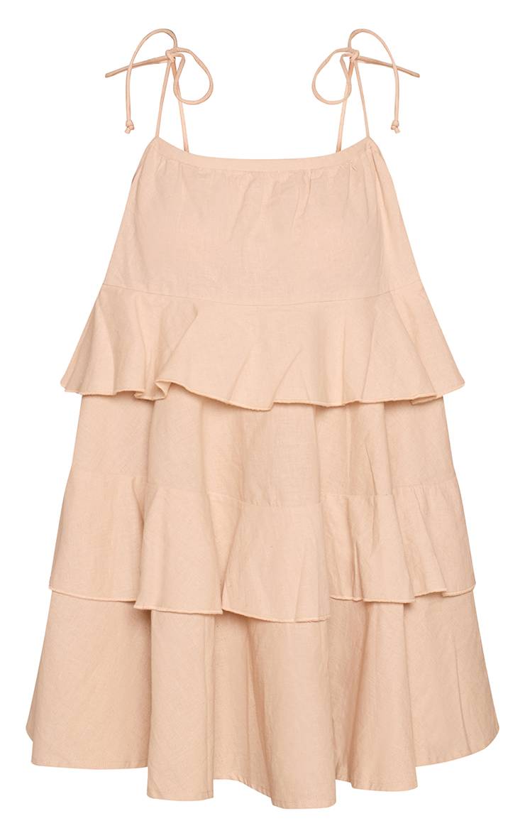 Naturel Robe Droite À Bretelles Et Volants Étagés