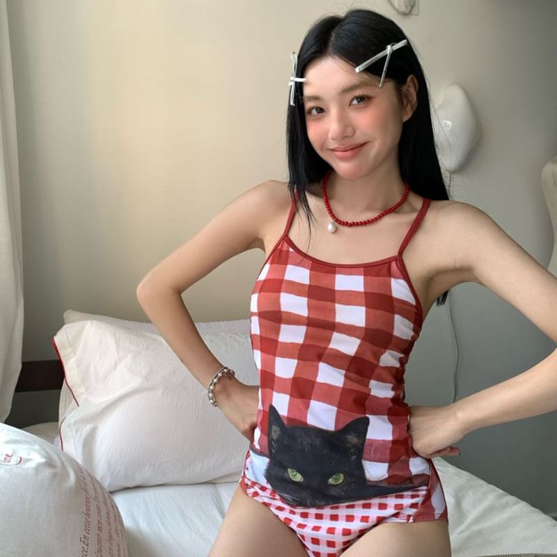 Komorkowe - Gingham Cat Print badpak