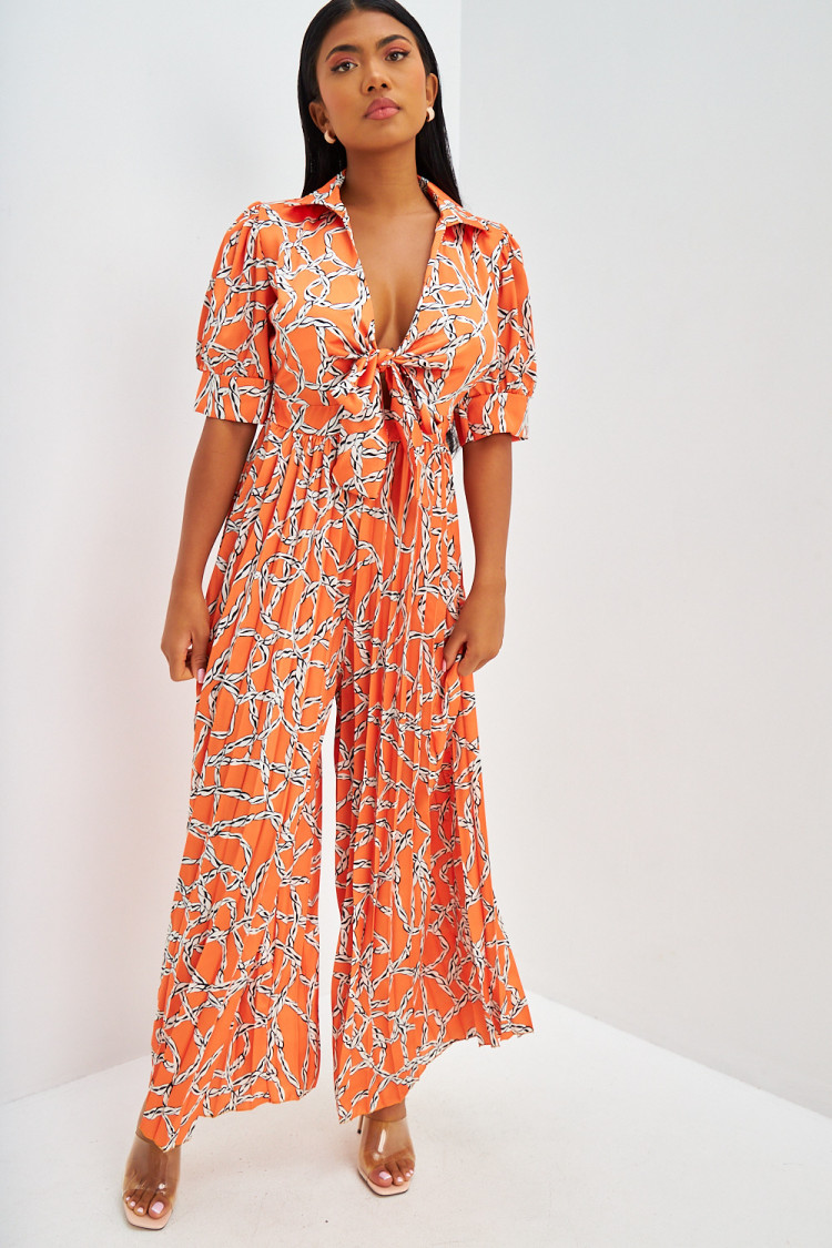 Combi-pantalon satinée à motifs cordes orange