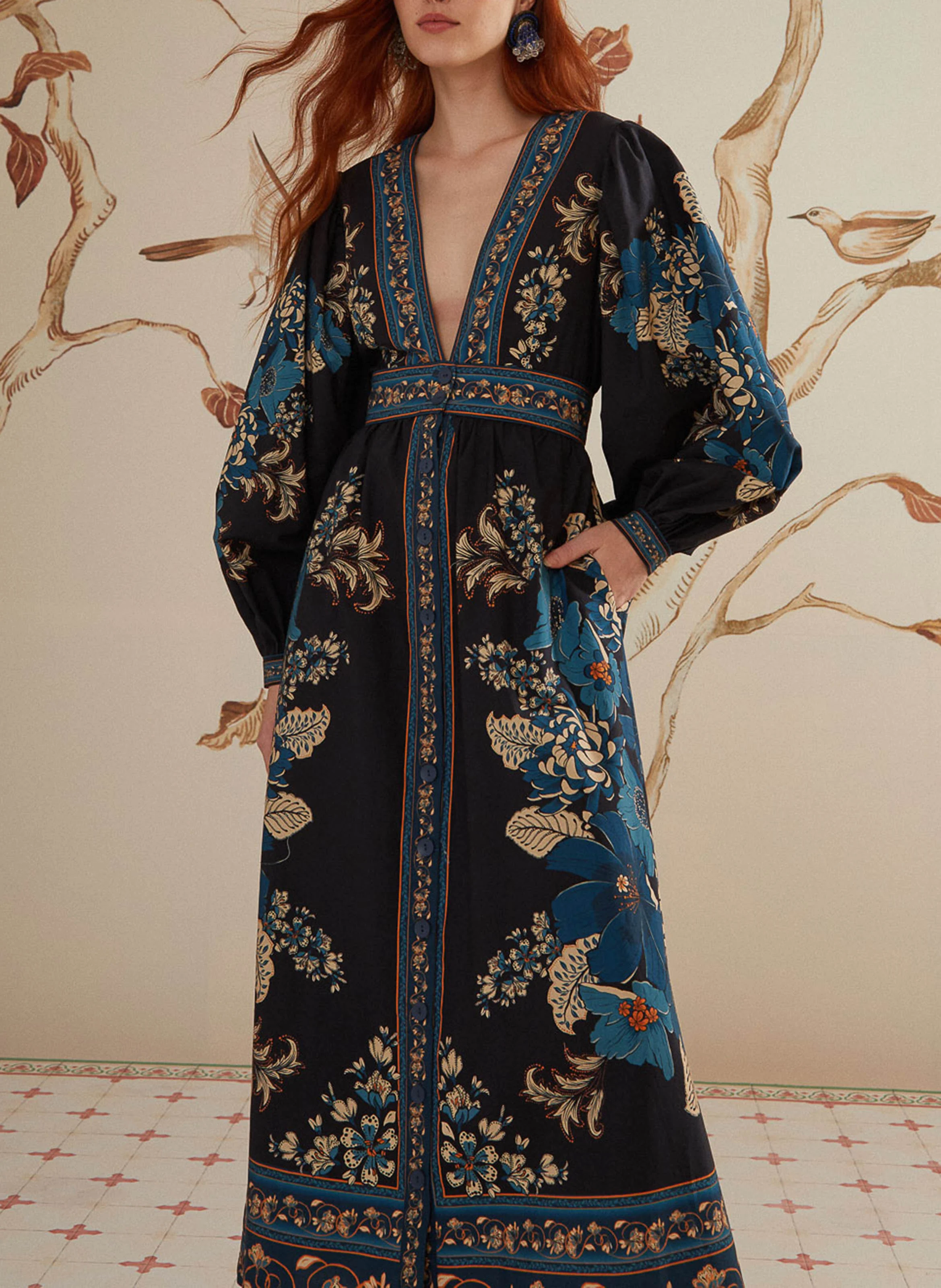 Robe longue en coton imprimé | Noir