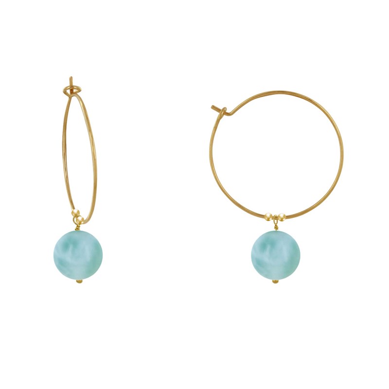 Boucles d'Oreilles Plaqué Or Créoles et Perles de Larimar