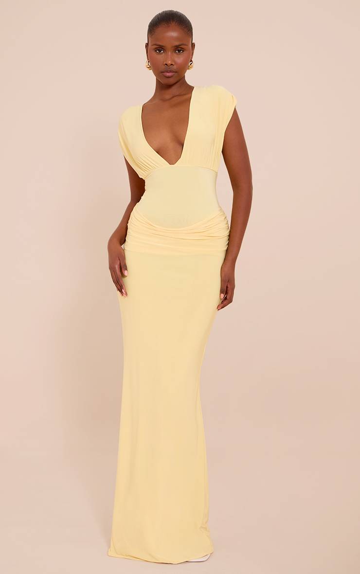 Citron Robe Longue Drapée À Double Couche Avec Décolleté Plongeant Et Épaules Froncées