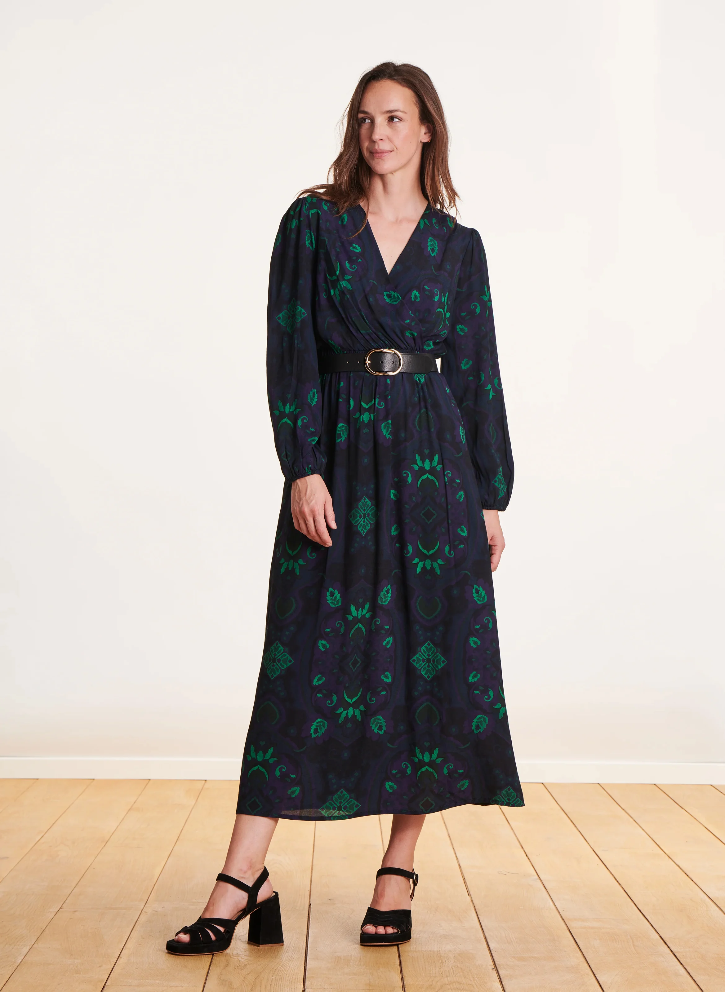 Robe longue col V imprimée | Multicolore
