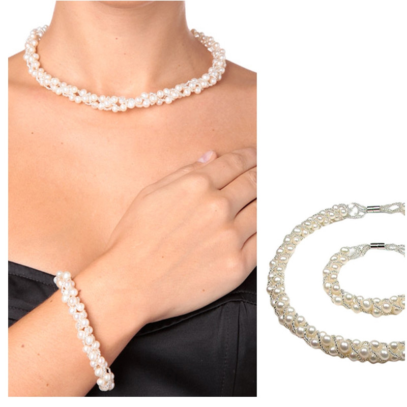Parure Femme Collier et Bracelet en Perles de culture d'eau douce Blanches Torsadées