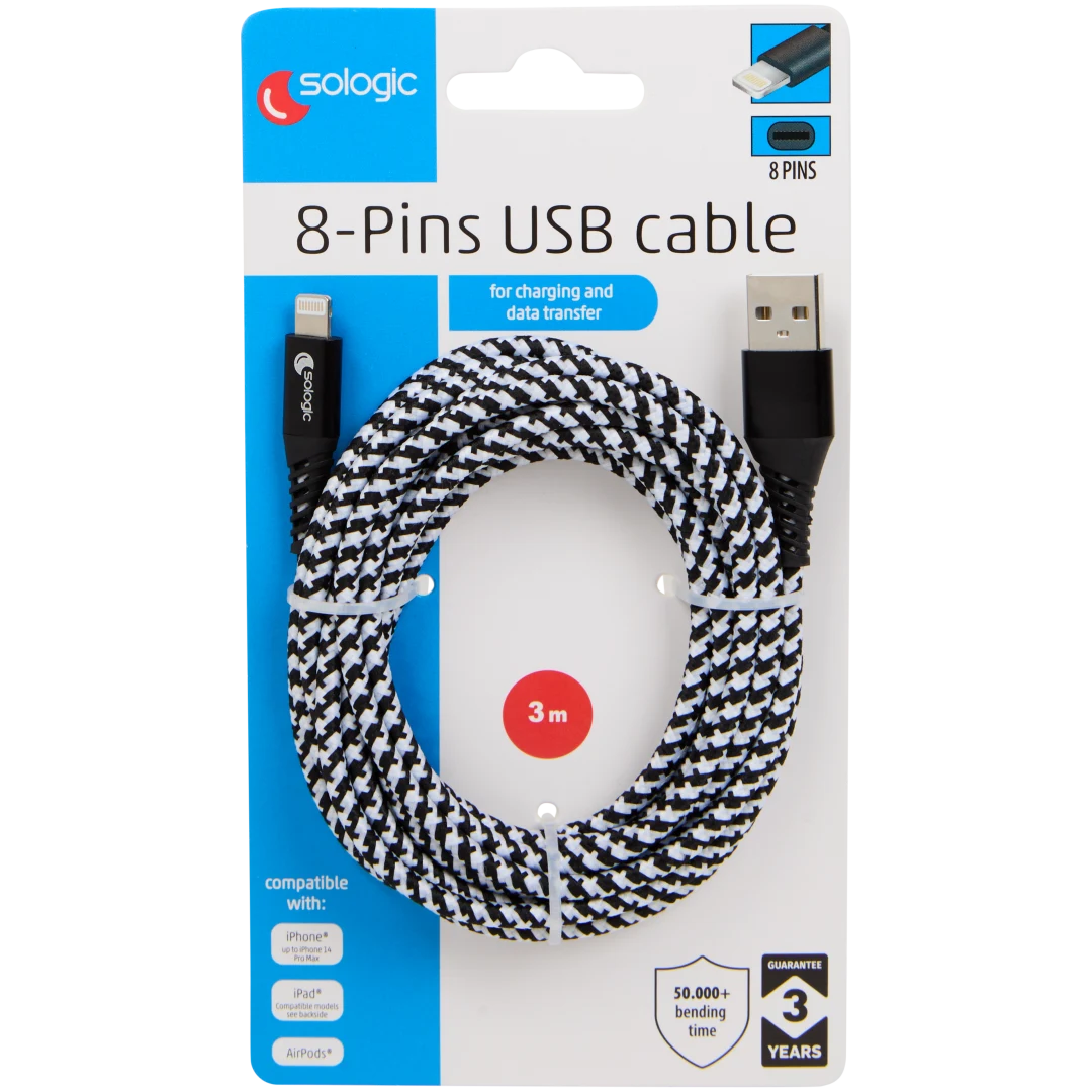 Sologic laad- en datakabel 8-pins 3 meter | diverse varianten