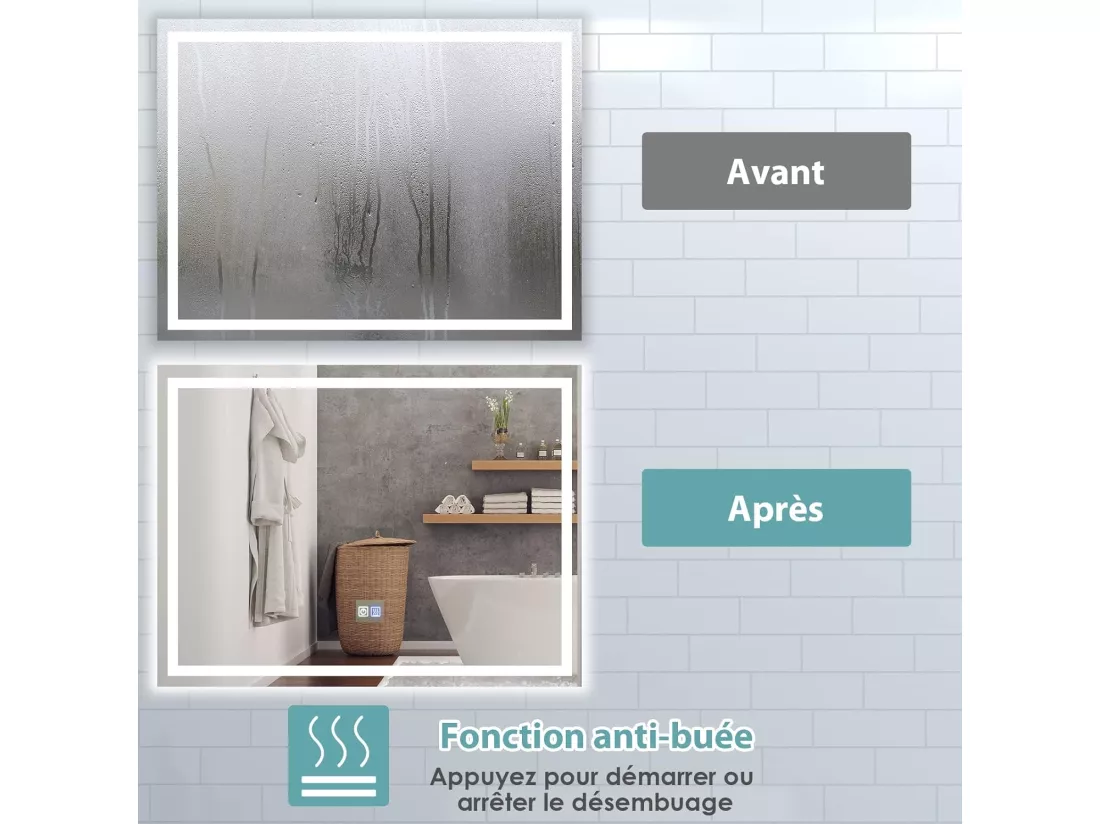 Miroir de Salle de Bain Anti-Buée LED, 80 x 60 cm, Miroir Mural Lumineux avec 3 Eclairages Blanc Froid/Neutre/Chaud, Miroir LED Rectangulaire avec Interrupteur Tactile et Fonction