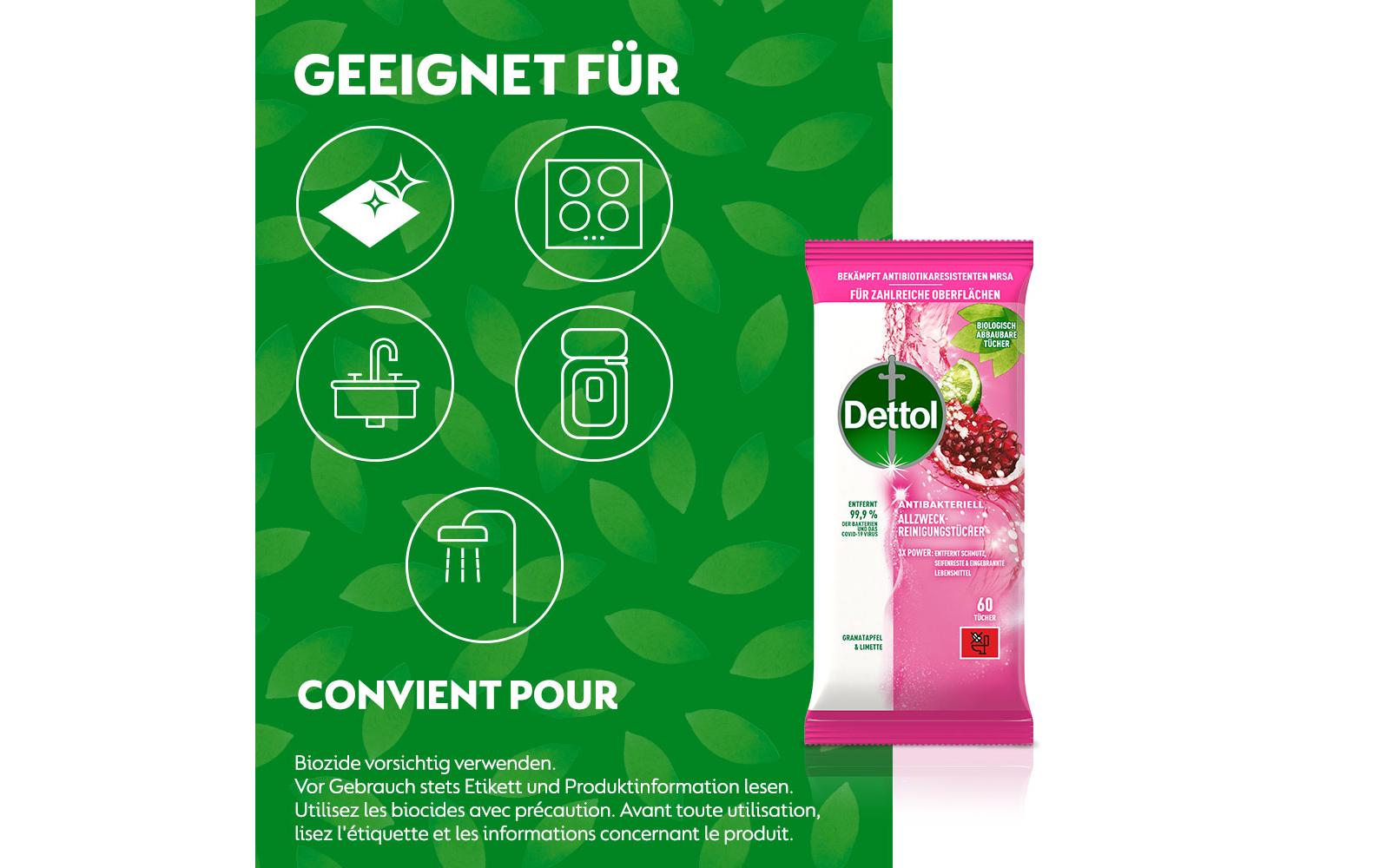 Allzweck-Reinigungstücher Granatapfel & Limette 60 StückAntibakterieller Oberflächenreiniger mit fruchtigem Duft