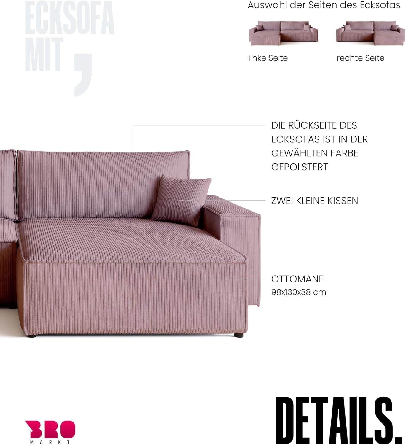 BROMARKT Sofa mit Schlaffunktion Couch L Cordstoff Sofa Bettkasten Schlafsofa für Wohnzimmer Ecksofa freistehend Adi XL Relaxsofa 3 sitzer 272x143x85 cm Rosa