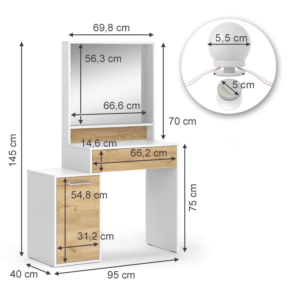 Vicco Schminktisch Altea 95 x 145 cm Weiß Eiche Frisiertisch Spiegel LED-Lampen