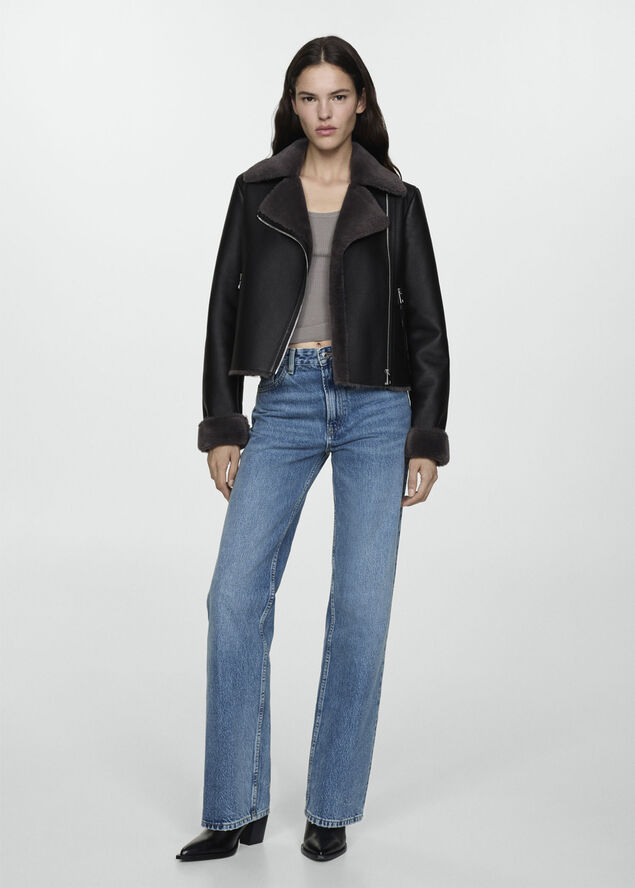 MANGO Faux shearling-lined jacket Black