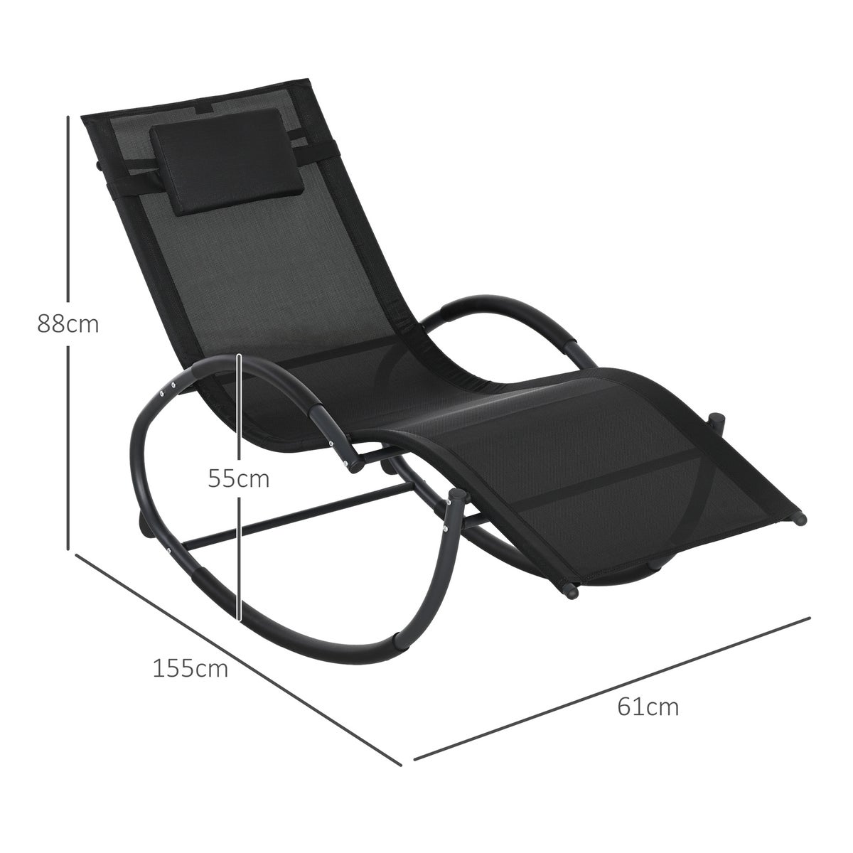 Outsunny schommelstoel, tuinligstoel met hoofdsteun, 155 x 61 x 88 cm, Texteline, Zwart