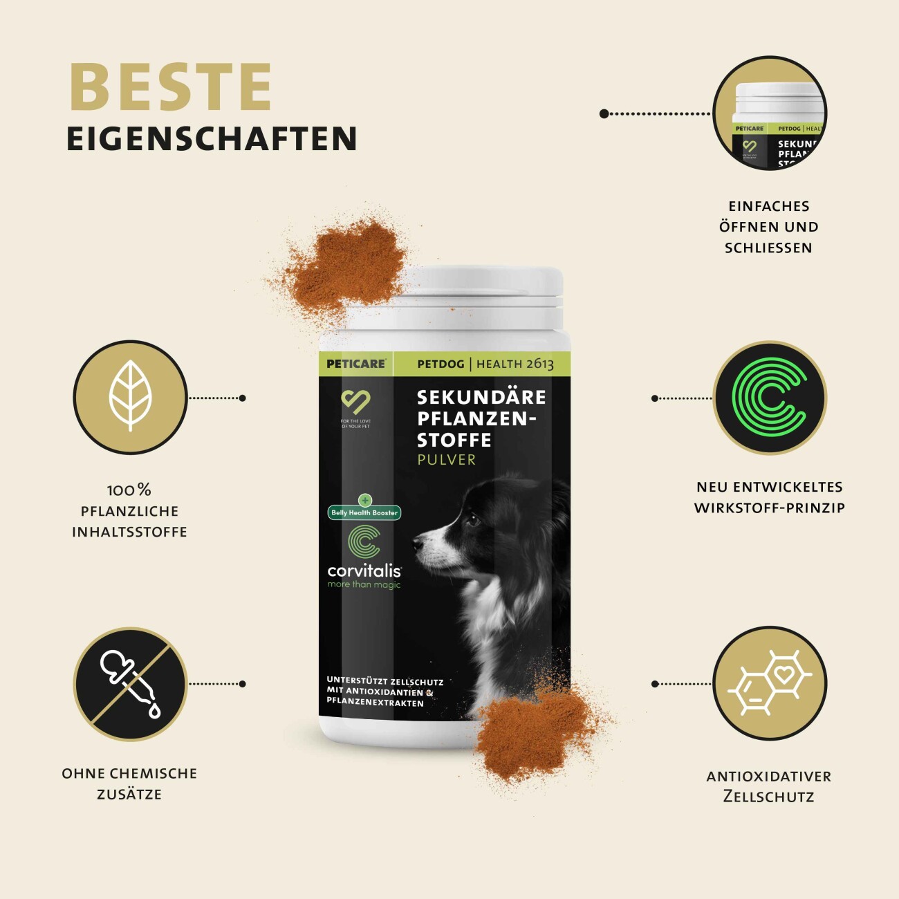 Peticare Ergänzungsfutter Sekundäre Pflanzenstoffe Pulver für Hunde 125g