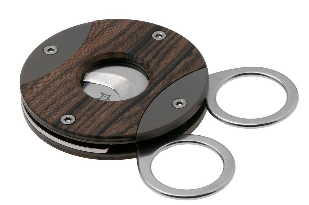 Fox Circle Cigar Cutter 744-ZW, Satin Sandvik 12C27, Ziricote Wood Titanium, sigaarknipper