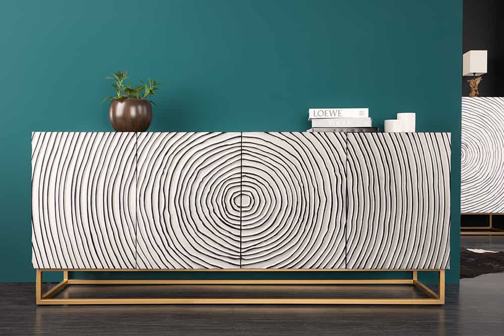 Massives Sideboard ZEN CIRCLES 180cm weiß schwarz gold Mangoholz 3D-Design