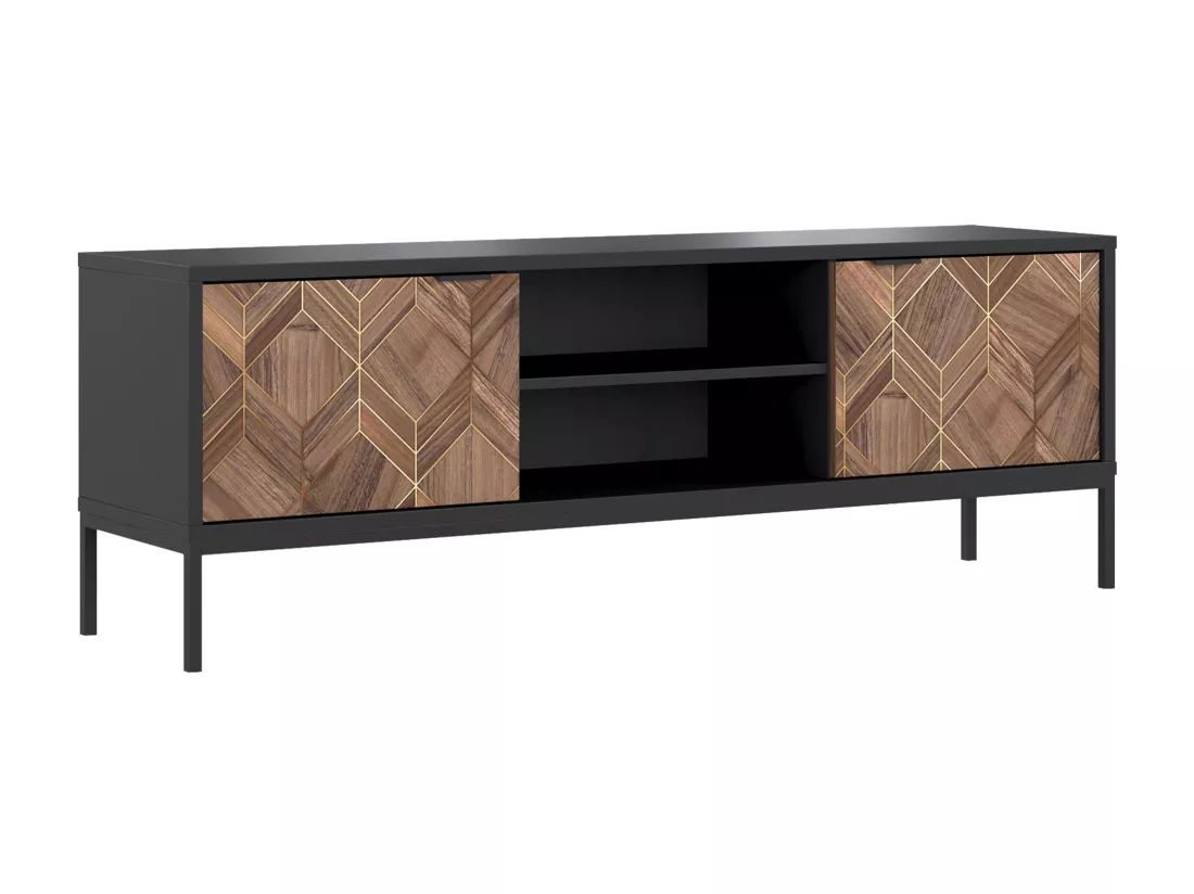 Meuble TV avec 2 portes et 2 niches - Noir et Naturel foncé - MIALINE