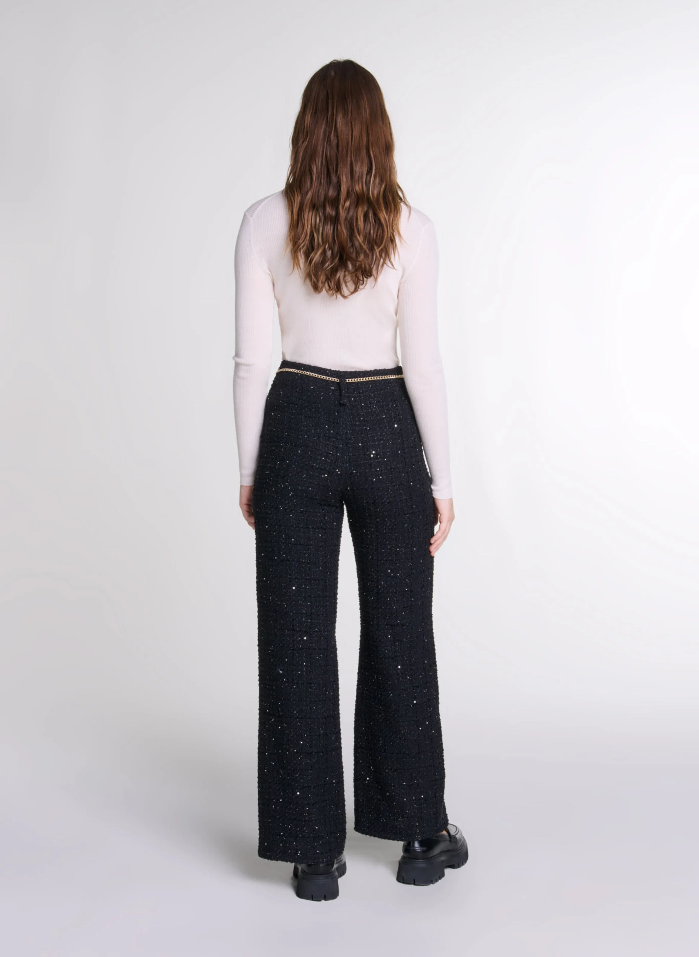Pantalon droit en tweed brillant | Noir