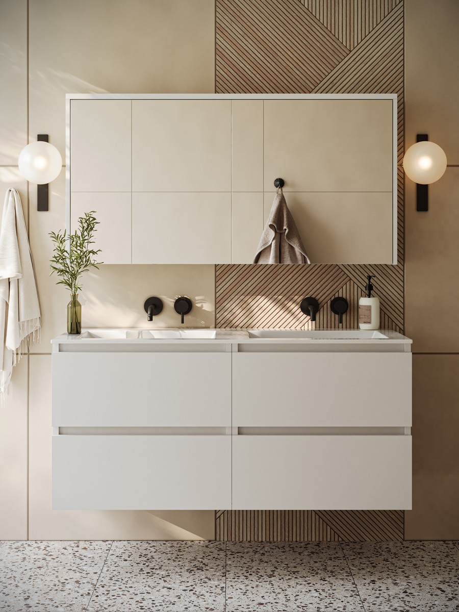 Fontana Rovigo badmeubel 120cm wit mat met witte wastafel zonder kraangaten en spiegelkast zonder verlichting