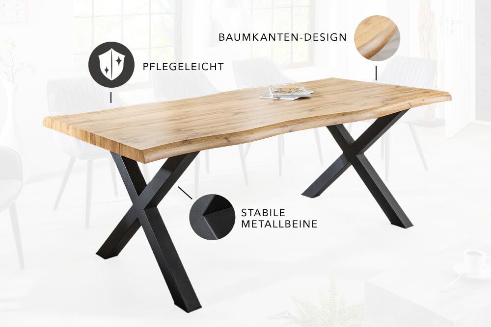 Riess Ambiente Industrial Esstisch WILD - 200cm - braun - Wildeiche-Design Baumkante schwarz X-Gestell