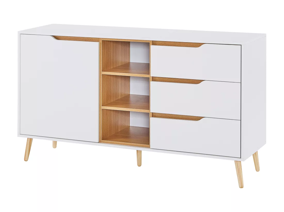 Buffet moderne avec étagères, 3 tiroirs et rangements ouverts - 140 x 40 x 80,5 cm - Blanc & Naturel