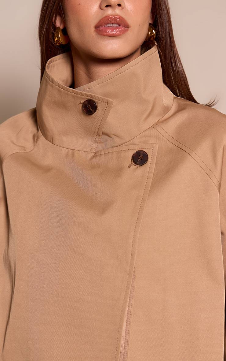Marron Trench-coat Mi-long Beige À Col Montant