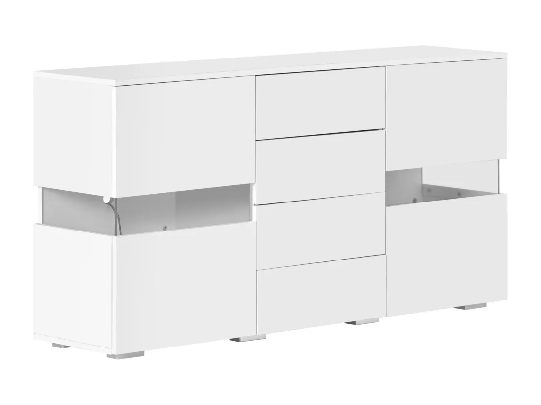 Banc TV 4 tiroirs et 4 portes, avec LED RGB et télécommande, meuble TV alimenté par USB, Blanc, 140x35x72cm