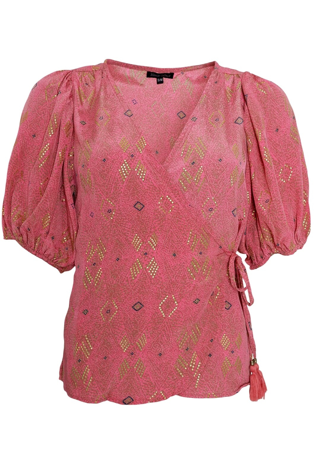 Black Colour Bcluna Puff Sleeve Wrap Blouse argyle pink