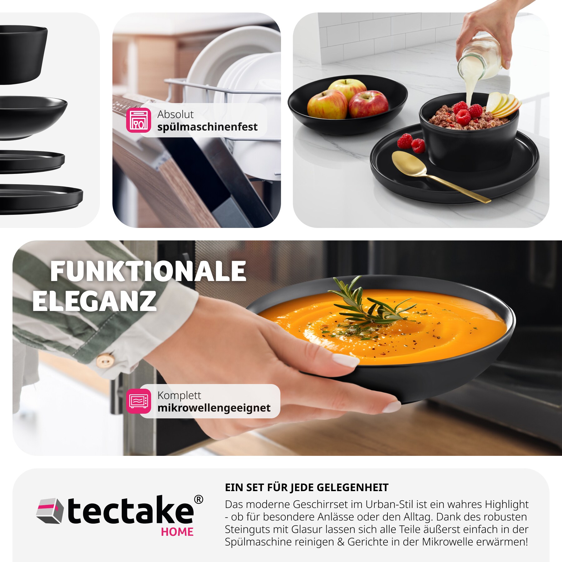 tectake® Geschirrset, für 6 Personen, aus Steingut, mit Glasur, ineinander stapelbar