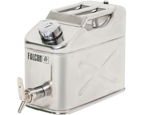 Falcon veiligheidsjerrycan met draagbeugel, schroefdop en fijndoseerkraan, 10 l roestvrij staal