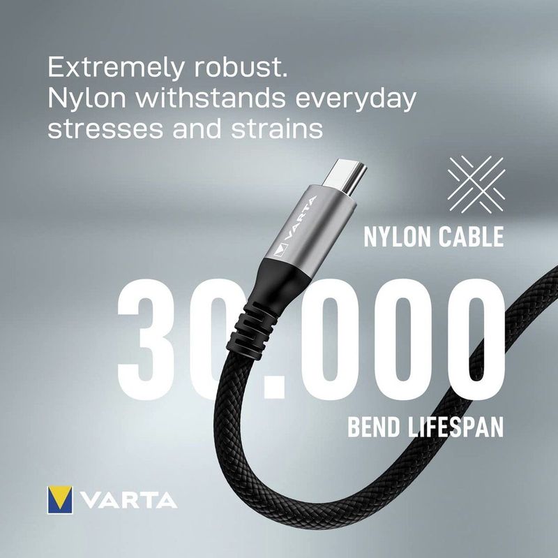 Varta - USB Type C naar USB Type C - USB Kabel - Zwart - 2 m, 100 W, 10 Gbit/s