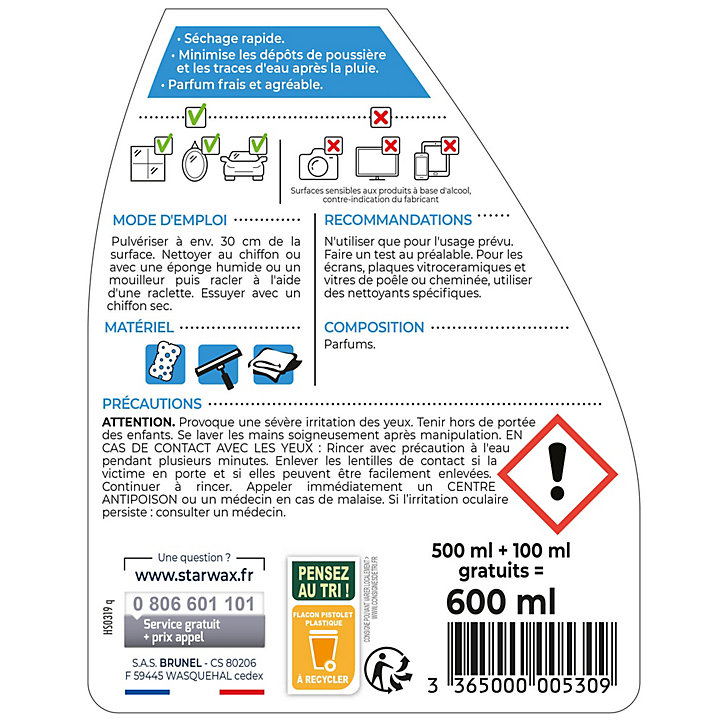 Pulvérisateur vitres Starwax 500ml +20% gratuit