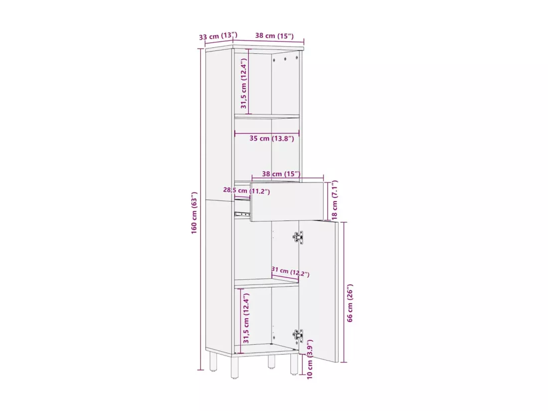 Armoire salle de bain marron 38x33x160 cm bois massif manguier