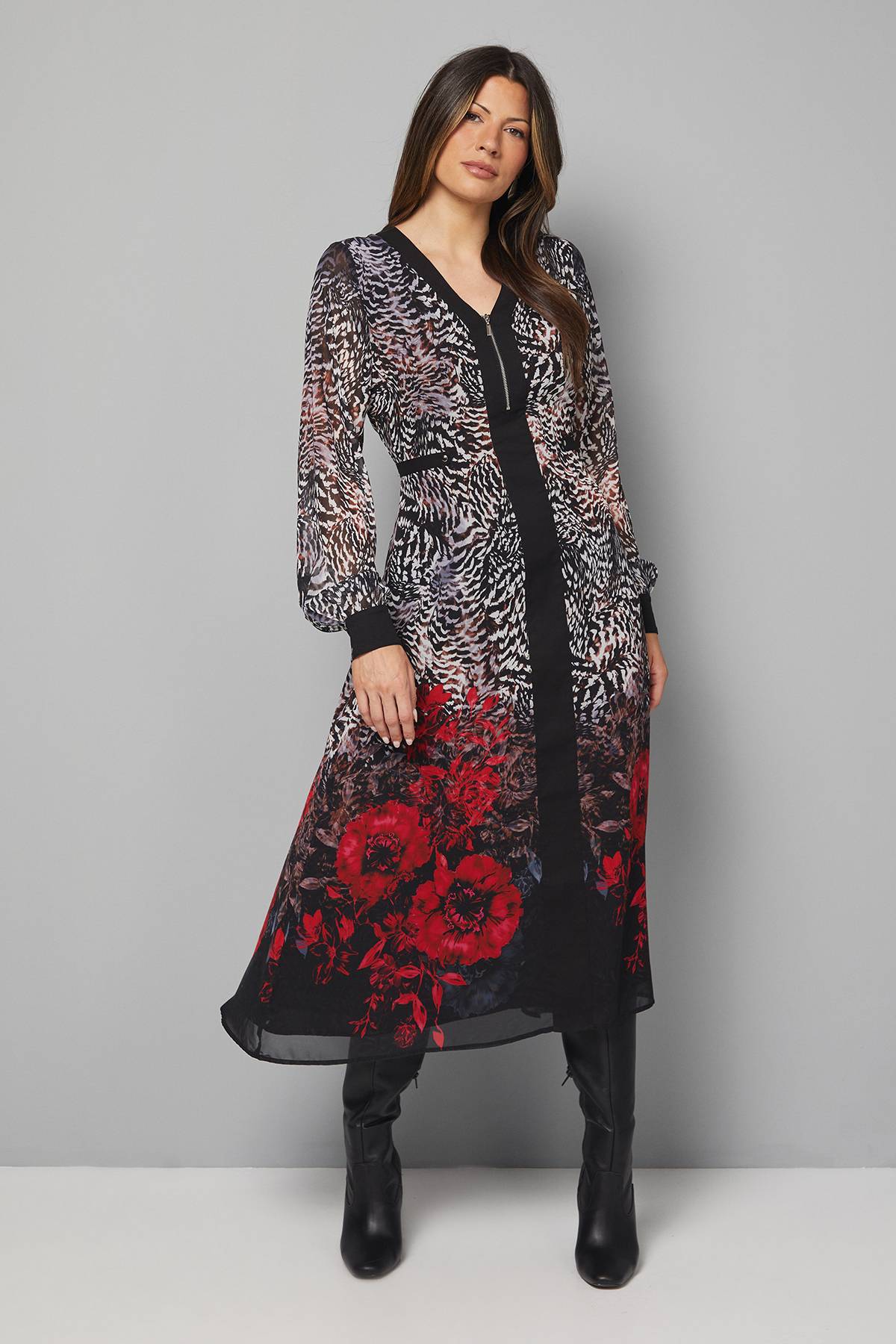 Wallis Robe Midi à Zip Imprimé Animal Ombré Floral