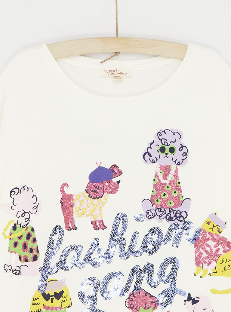 T-shirt écru animation chiens pour fille