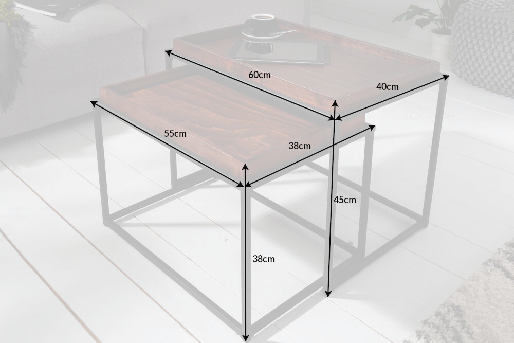 Industrial 2er Set Couchtisch ELEMENTS 60cm Mocha Buche abnehmbares Tablett