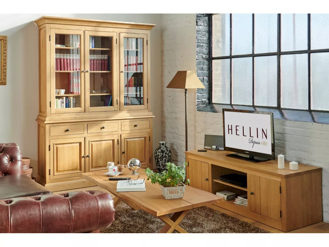 Buffet vaisselier en chêne 3 portes vitrées 3 tiroirs 3 portes bois - VICTORIA