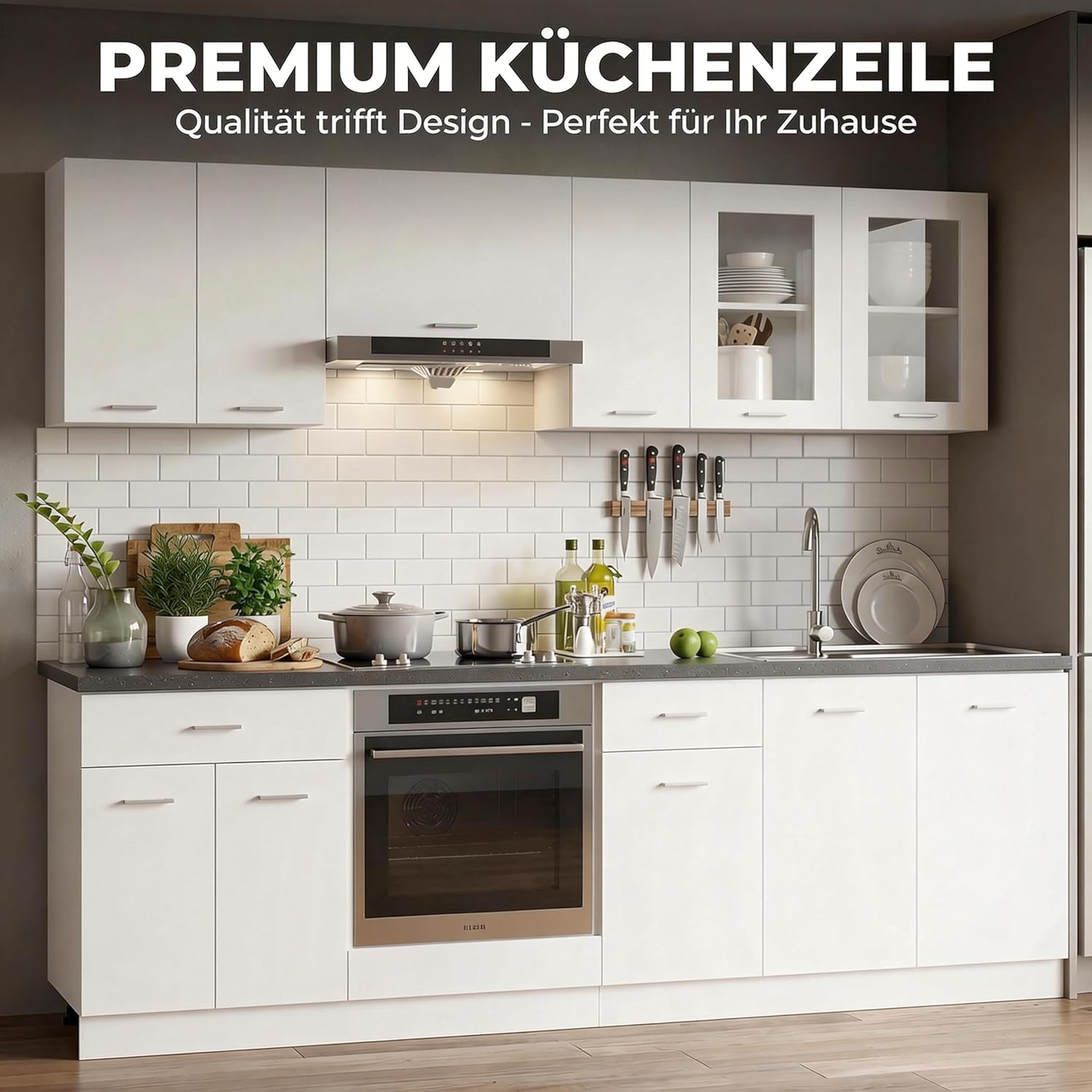 ACAGALA Küchenblock 240 cm variabel stellbar, 8-TLG. Küchenzeile Einbauküche, Weiß Holzwerkstoff, Küche Komplett, Schrank-Set, Unterschrank, Küchenschrank, Hängeschrank, ohne Arbeitsplatte