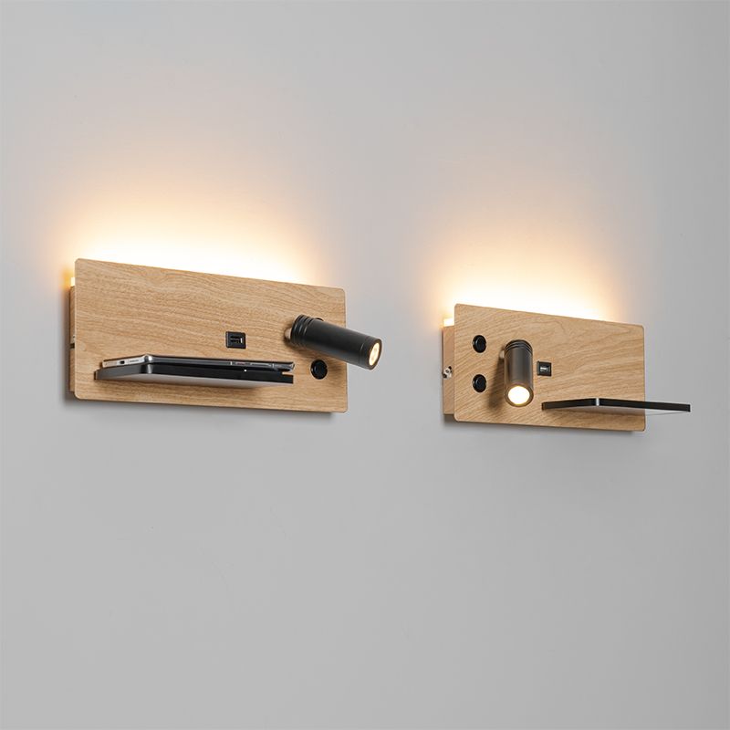 Set van 2 wandlamp zwart met hout incl. LED met USB en inductielader - Riza