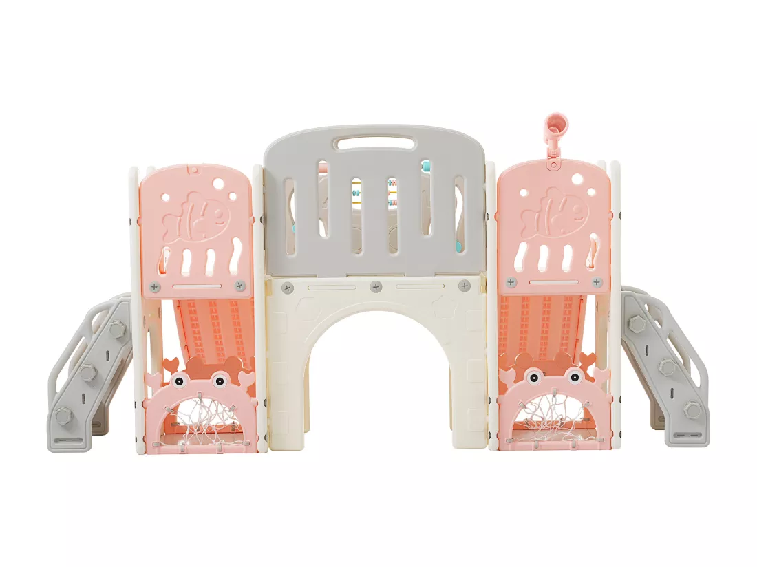 Ensemble aire de jeux pour enfants 8 en 1 - 197 x 167 x 98cm - en matériel HDPE - avec tunnel arqué et escalade - Rose