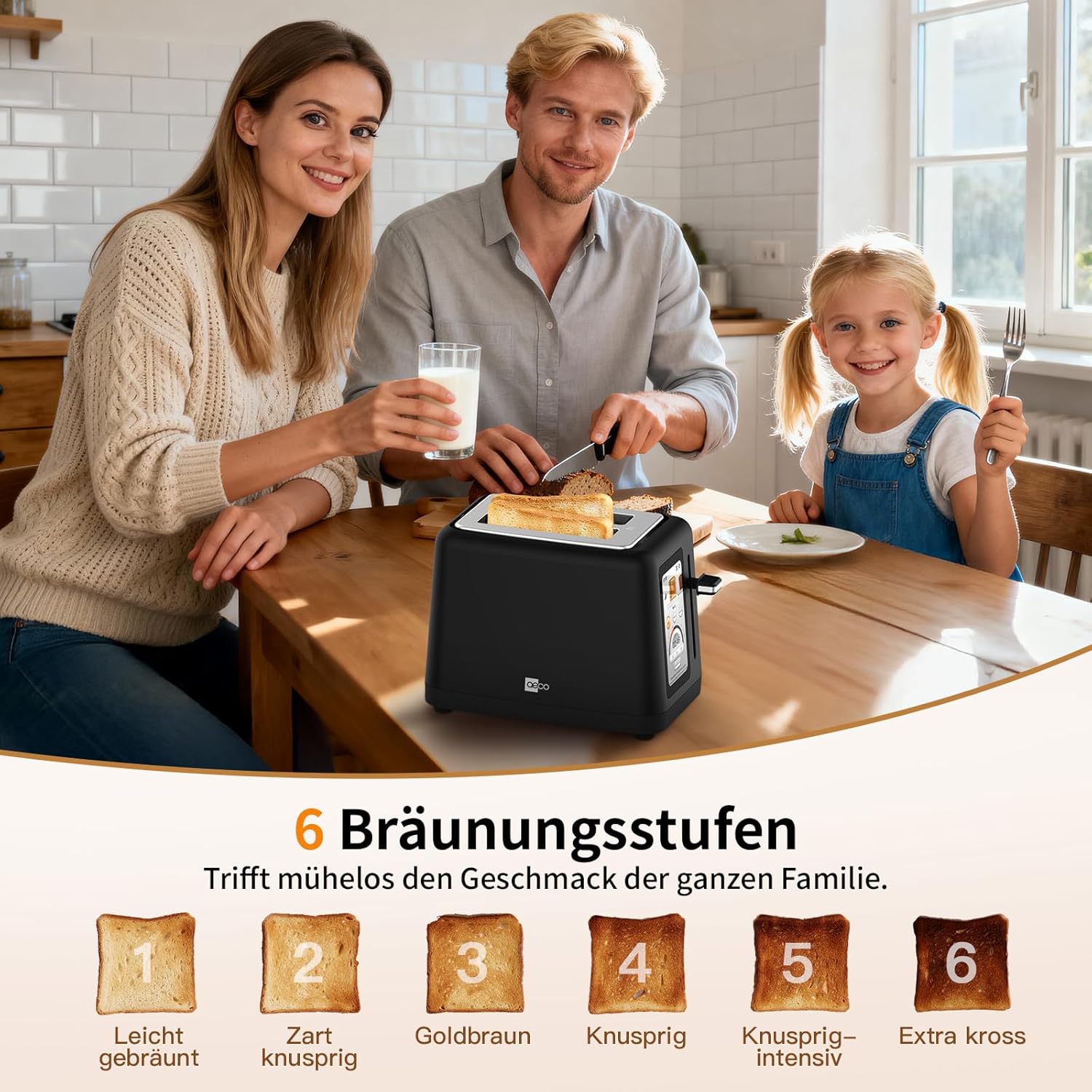 aeco toastlab Elite Toaster 2 Scheiben, Brötchenaufsatz, extra breite Toastschlitze, 6 Bräunungsstufen, 10 Programme, 850W, 5
