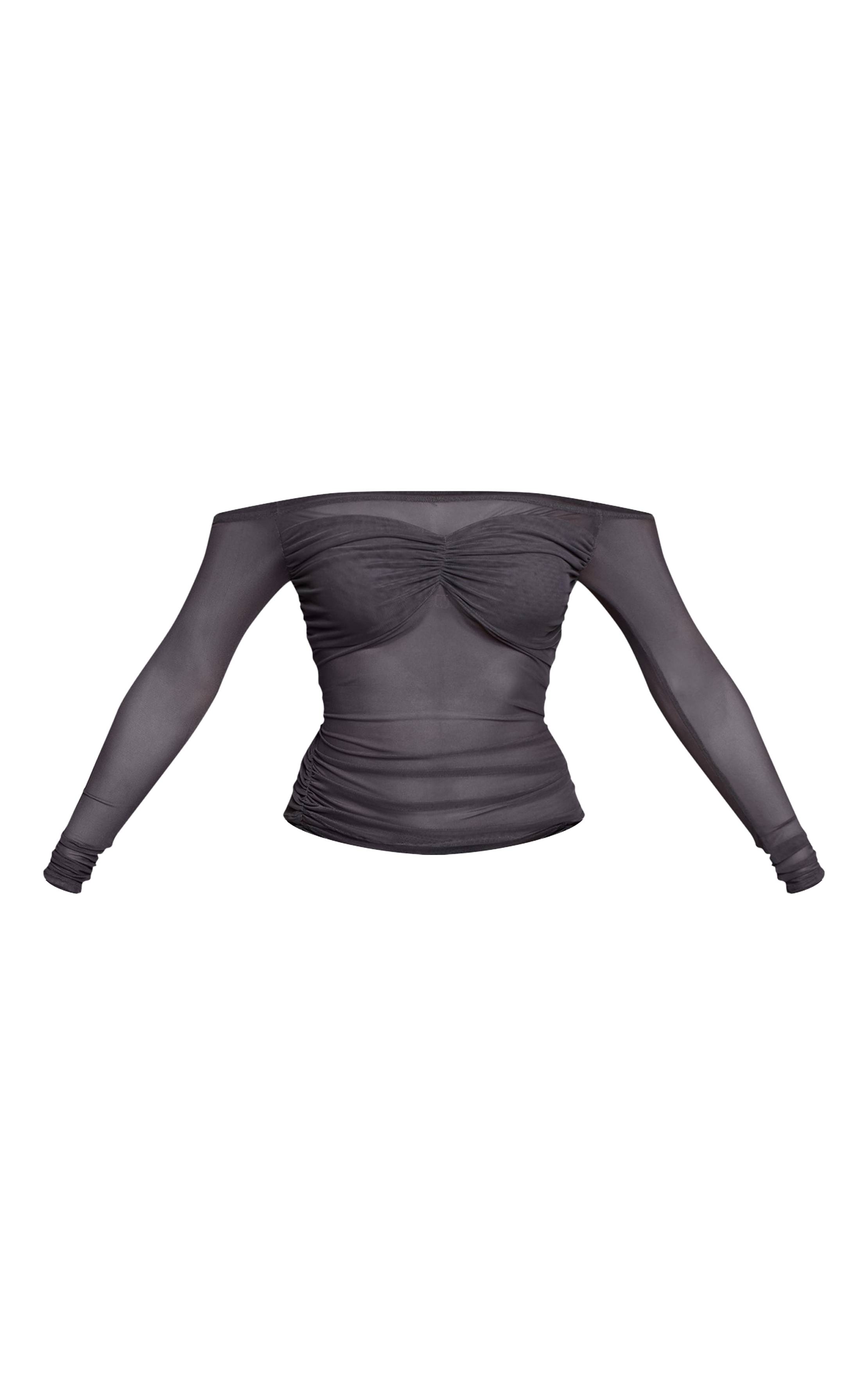 Charbon Top À Manches Longues Bardot Avec Panneau De Buste En Mesh Transparent