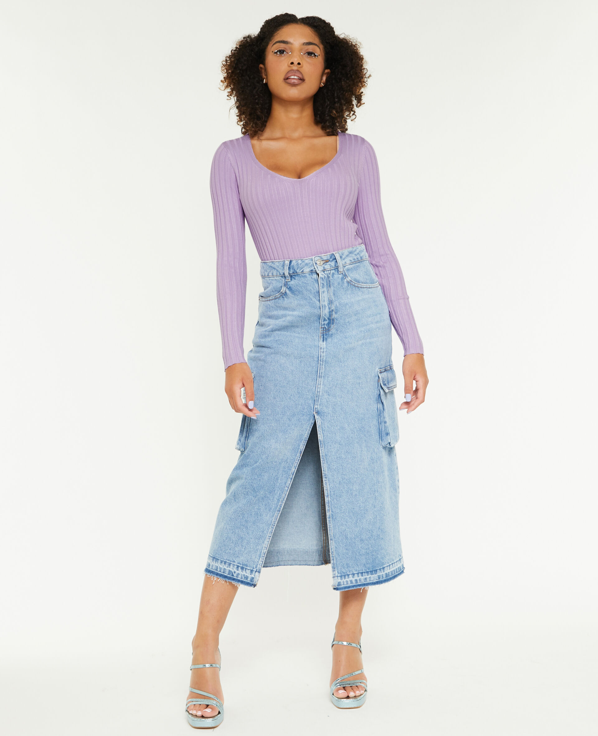 Pull col V maille côtes plates - Lilas