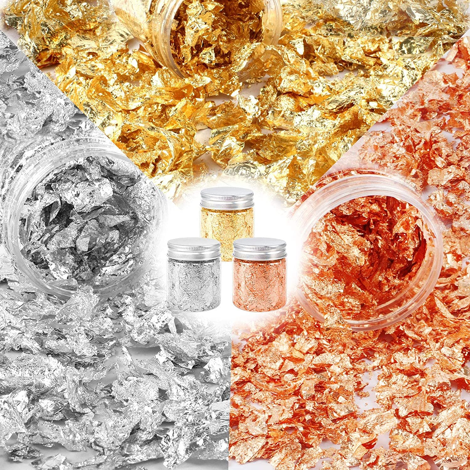 (3er Set) Nail Art Gel Nägel UV Glitzer Flocken Foil Flakes für die Maniküre - Gold / Silber / Roségold