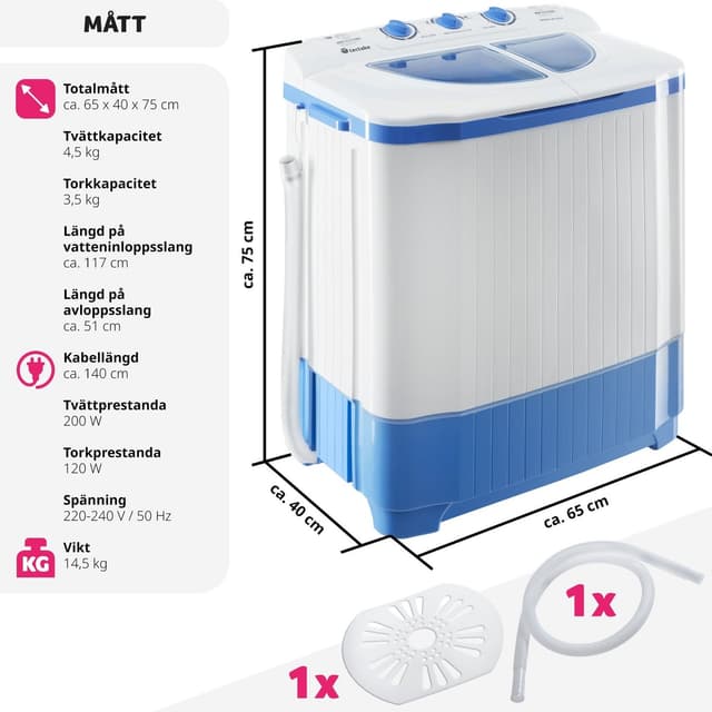 Mini vaskemaskine med 4,5 kg. vask og 3,5 kg. centrifugering